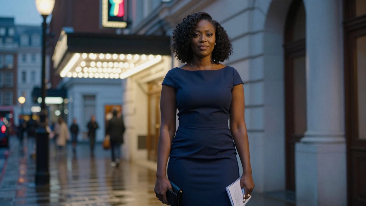 A poised African woman outside a London theater, radiating confidence and independence.