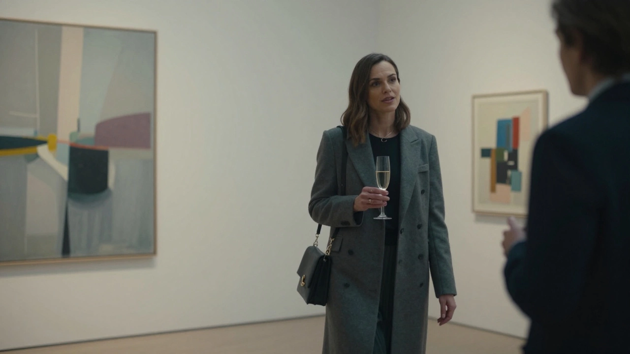 A woman and client exploring an art gallery in London, discussing culture with quiet mutual respect.