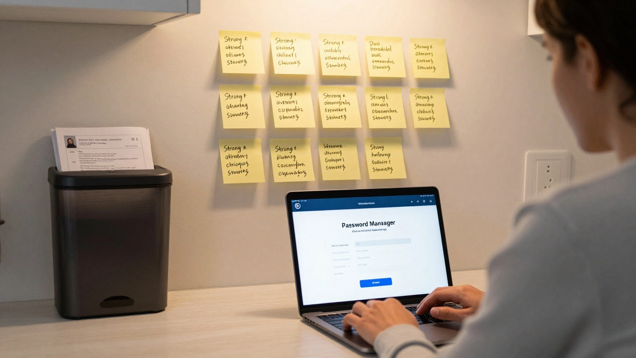 Person using a password manager at a kitchen table with shredded documents nearby.