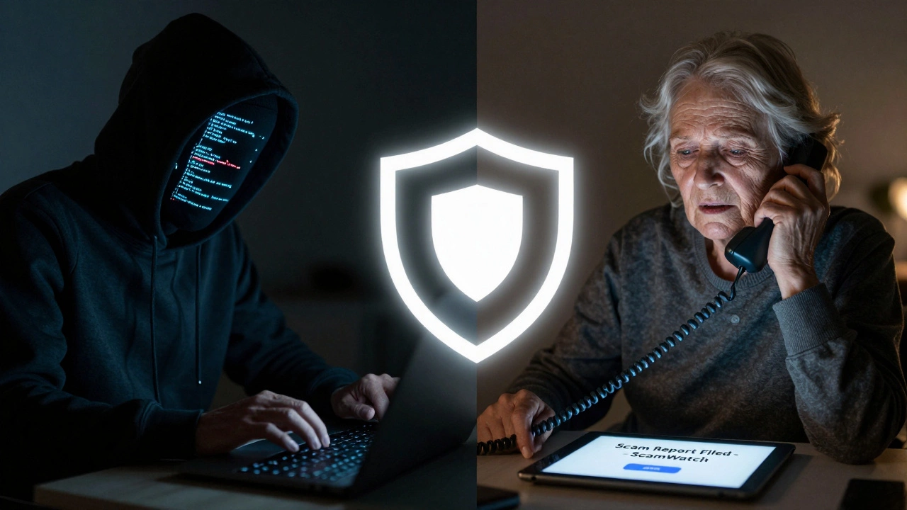 Split image showing a scammer on one side and someone safely reporting fraud on the other.